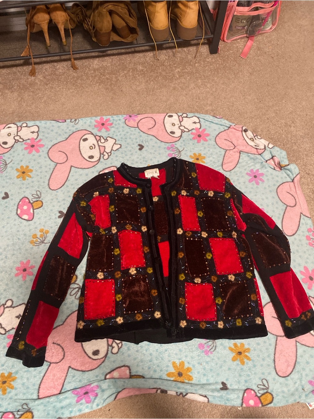 Patchwork Velvet Cardigan Jacket in Red & Brown